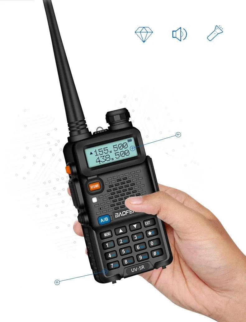 Baofeng UV5R portable walkie talkie in black plastic with antenna and belt clip