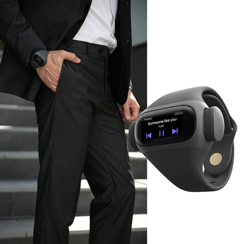 Wrist Wear true wireless Bluetooth headset with 1.2 inch touch screen and silicone wristband in grey