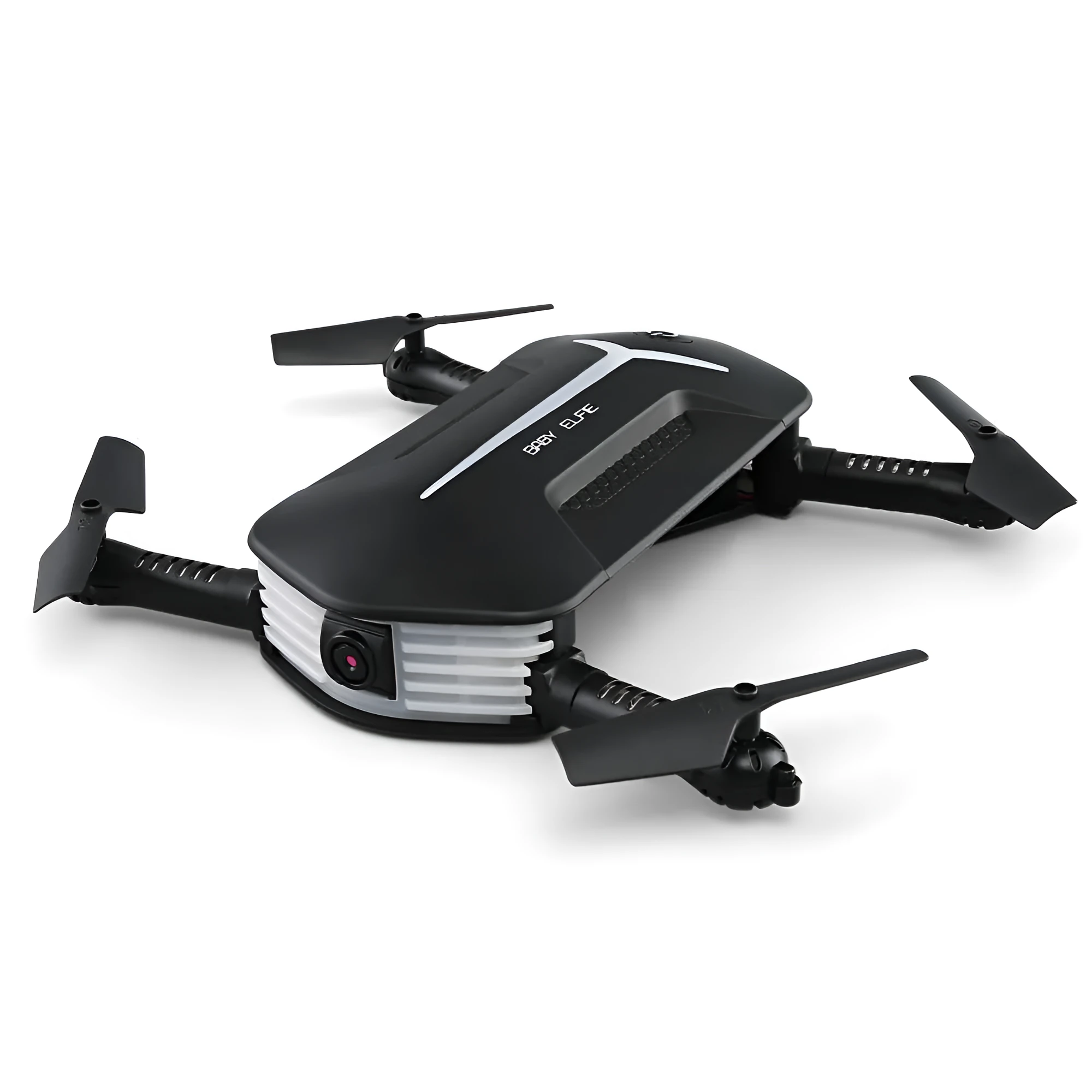 Black gravity-sensing four-axis folding drone with HD camera on a white background