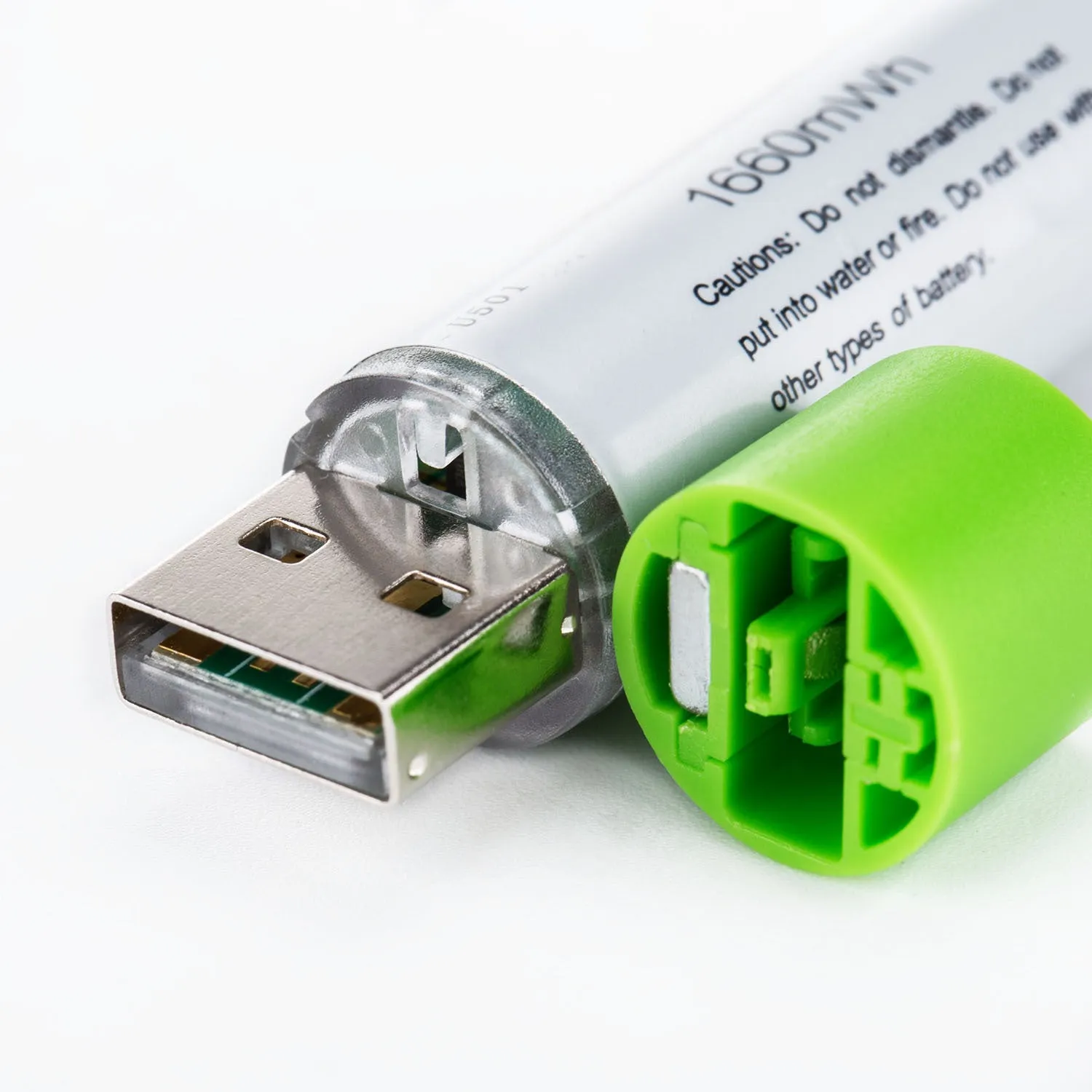 USB fast charge AA lithium battery in silver green with built-in USB port and polymer cobalt lithium core
