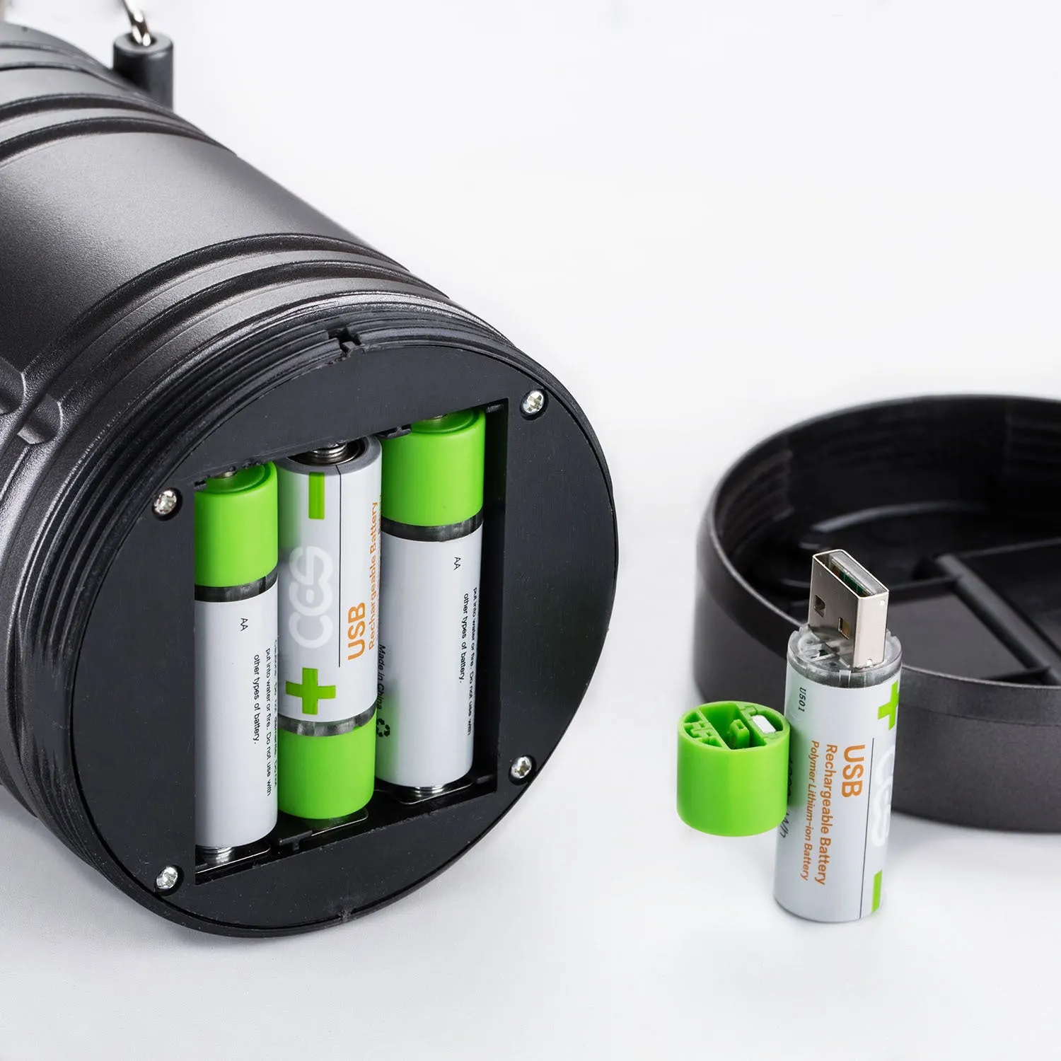 USB fast charge AA lithium battery in silver green with built-in USB port and polymer cobalt lithium core