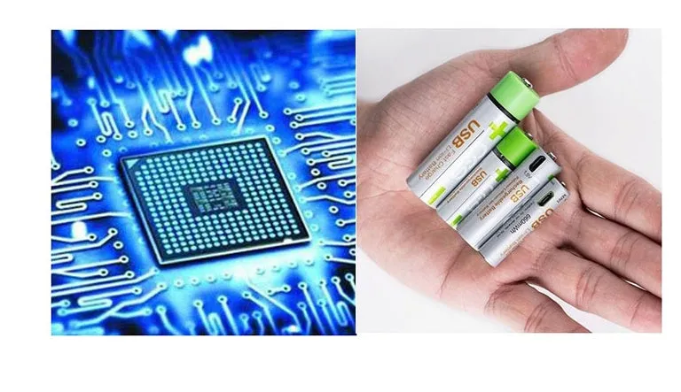 USB fast charge AA lithium battery in silver green with built-in USB port and polymer cobalt lithium core