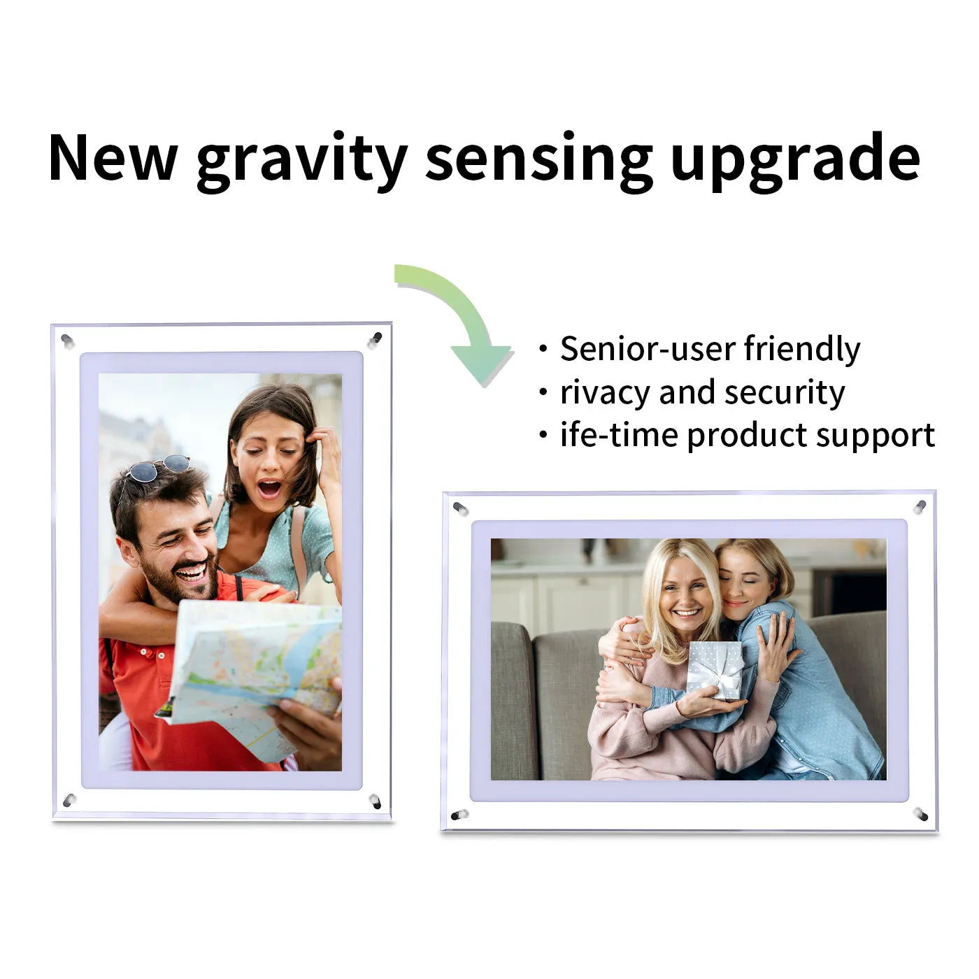 Digital photo frame displaying a picture on an IPS LCD screen with clock and calendar visible, black frame