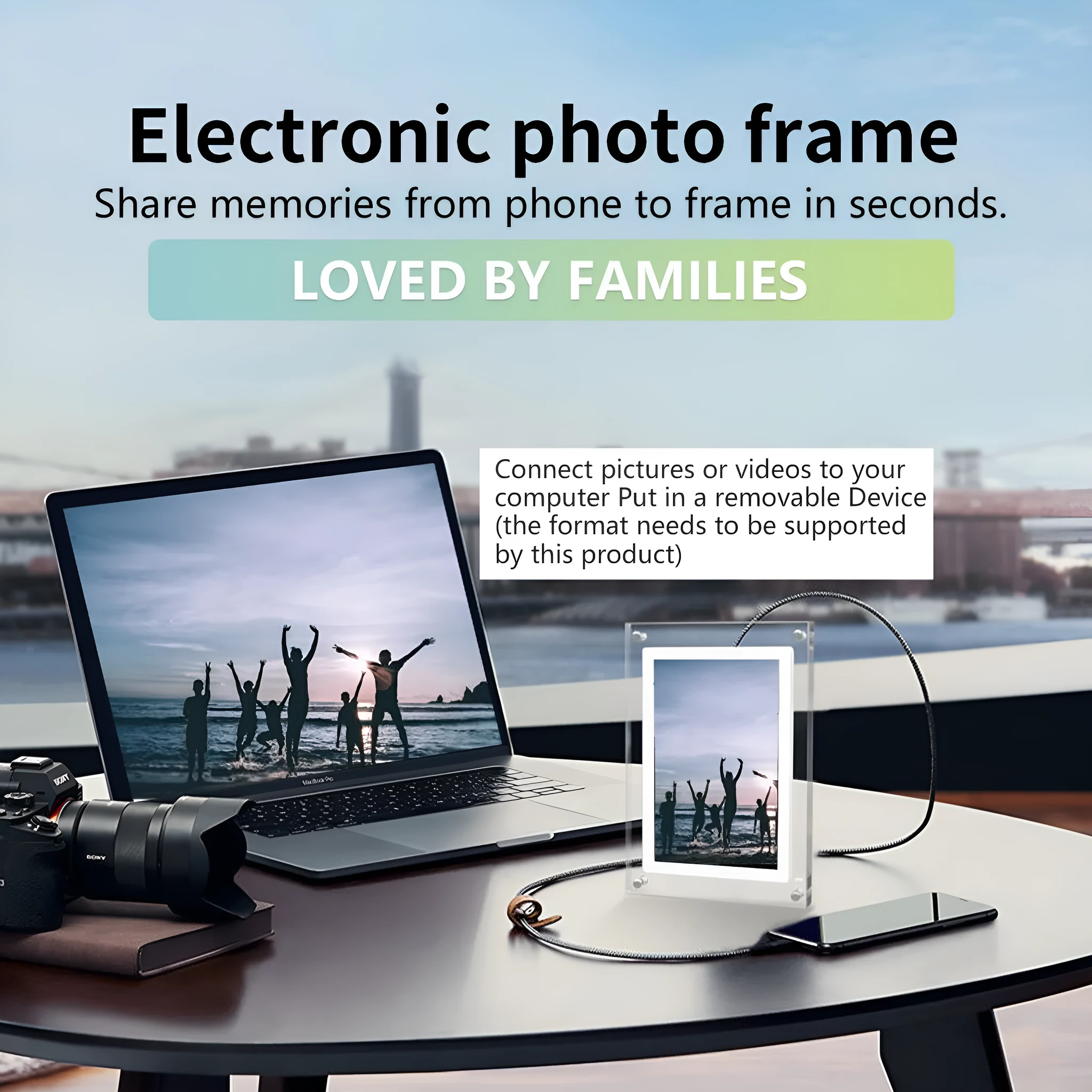 Digital photo frame displaying a picture on an IPS LCD screen with clock and calendar visible, black frame