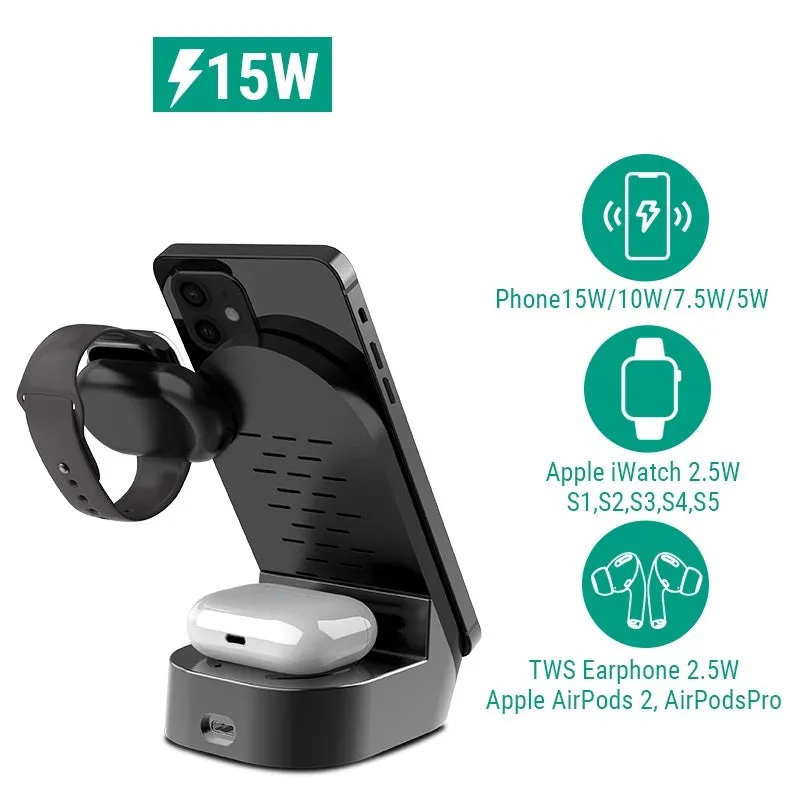 Black grey foldable 3-in-1 wireless charging stand showing phone upright, watch on dock, and headphones case charging.