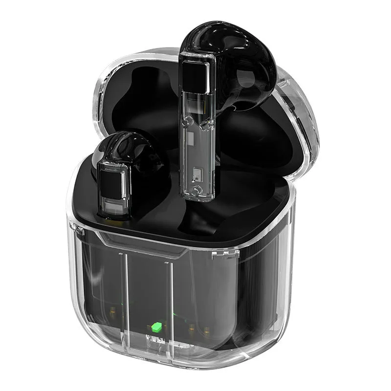 YX06 wireless TWS headphones with transparent cabin design in black, green, orange, or white colours.