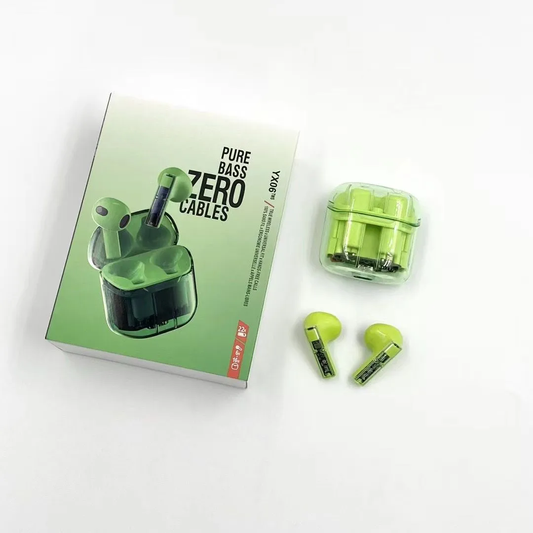 YX06 wireless TWS headphones with transparent cabin design in black, green, orange, or white colours.
