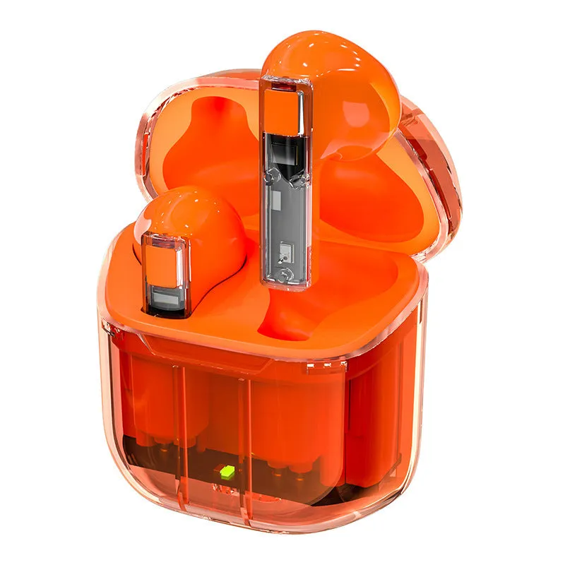 YX06 wireless TWS headphones with transparent cabin design in black, green, orange, or white colours.
