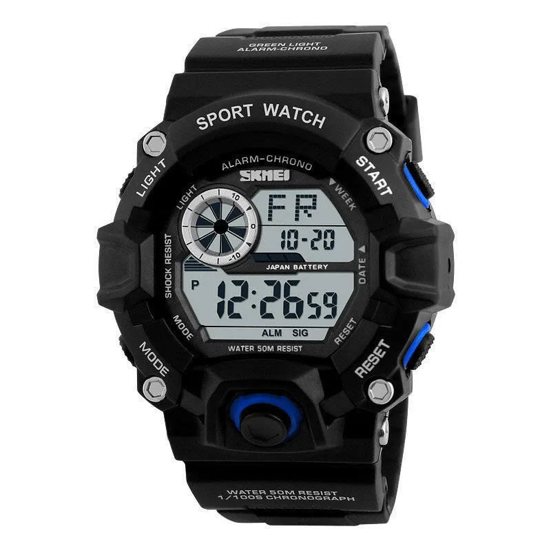 Multifunctional men's waterproof electronic sports watch with round dial on plastic strap.