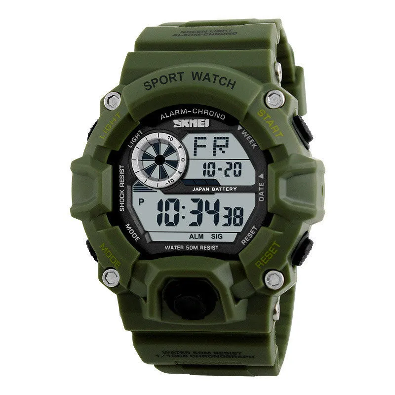 Multifunctional men's waterproof electronic sports watch with round dial on plastic strap.