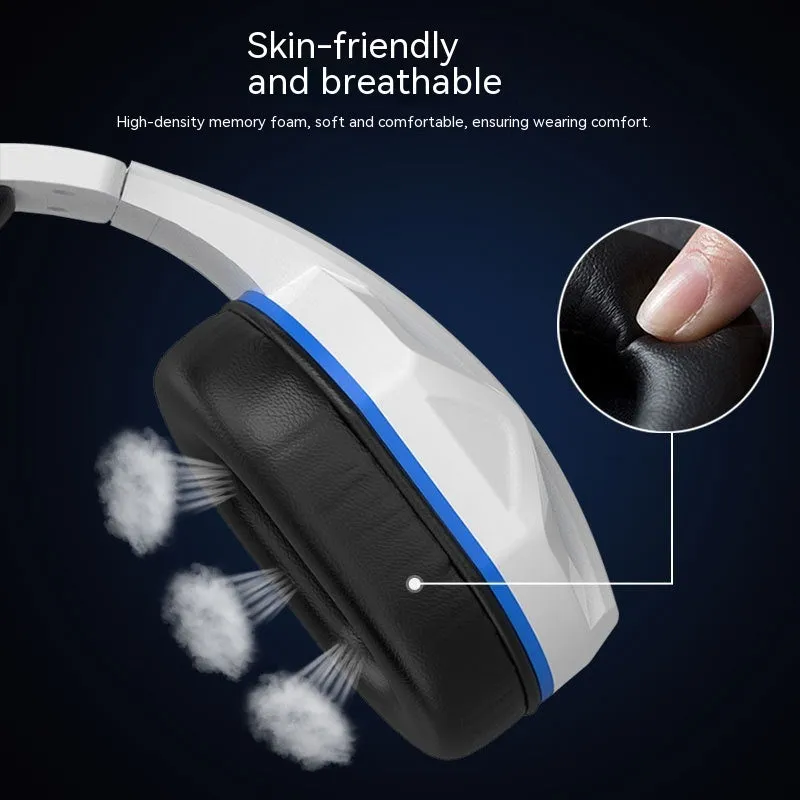 White and blue wired gaming headset with microphone, 40mm driver, 3.5mm plug, and PVC cable