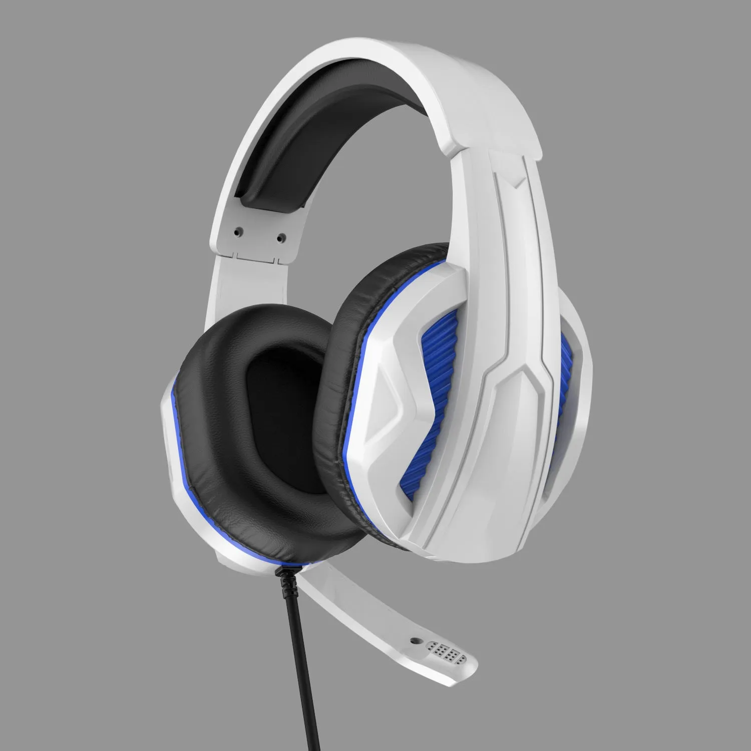 White and blue wired gaming headset with microphone, 40mm driver, 3.5mm plug, and PVC cable