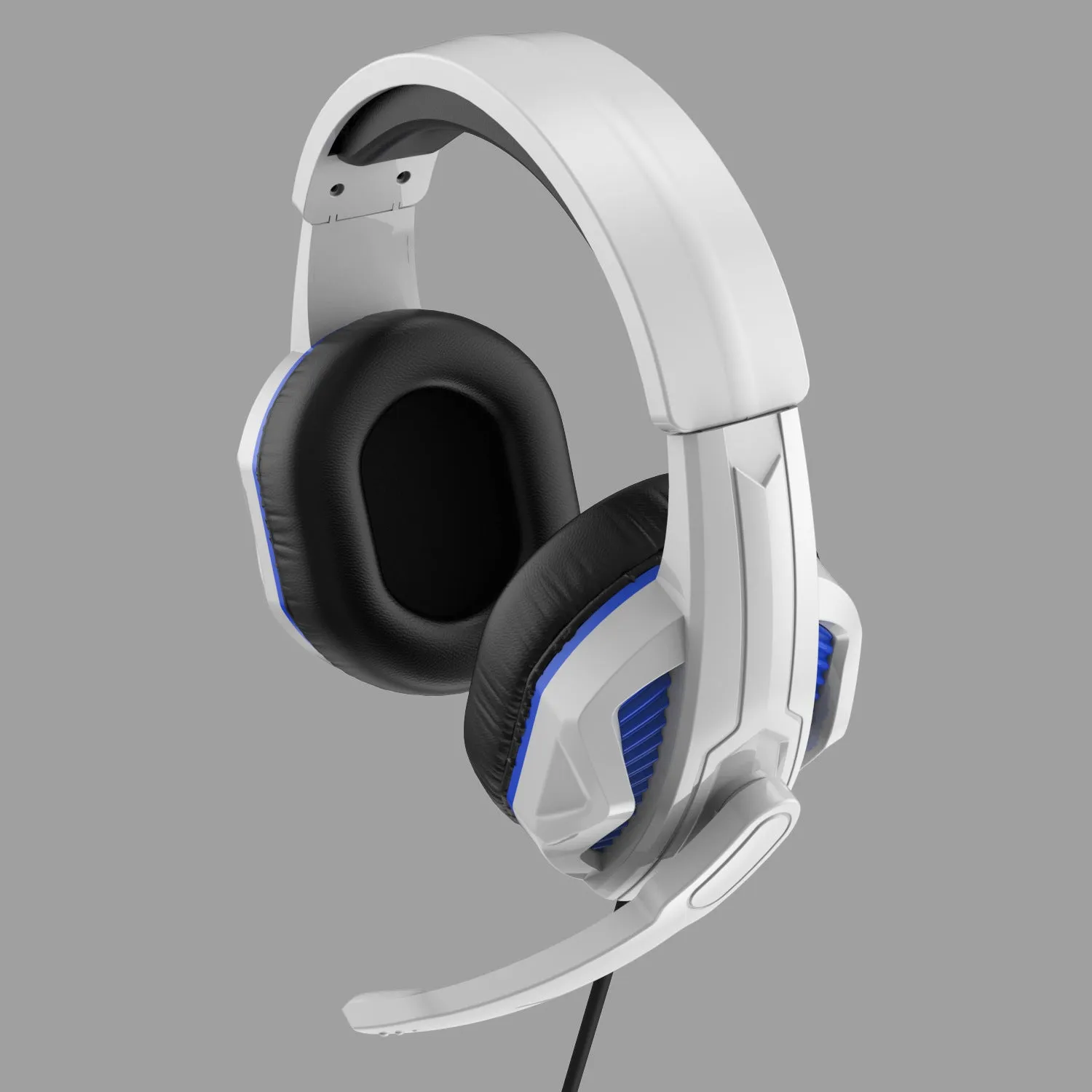 White and blue wired gaming headset with microphone, 40mm driver, 3.5mm plug, and PVC cable