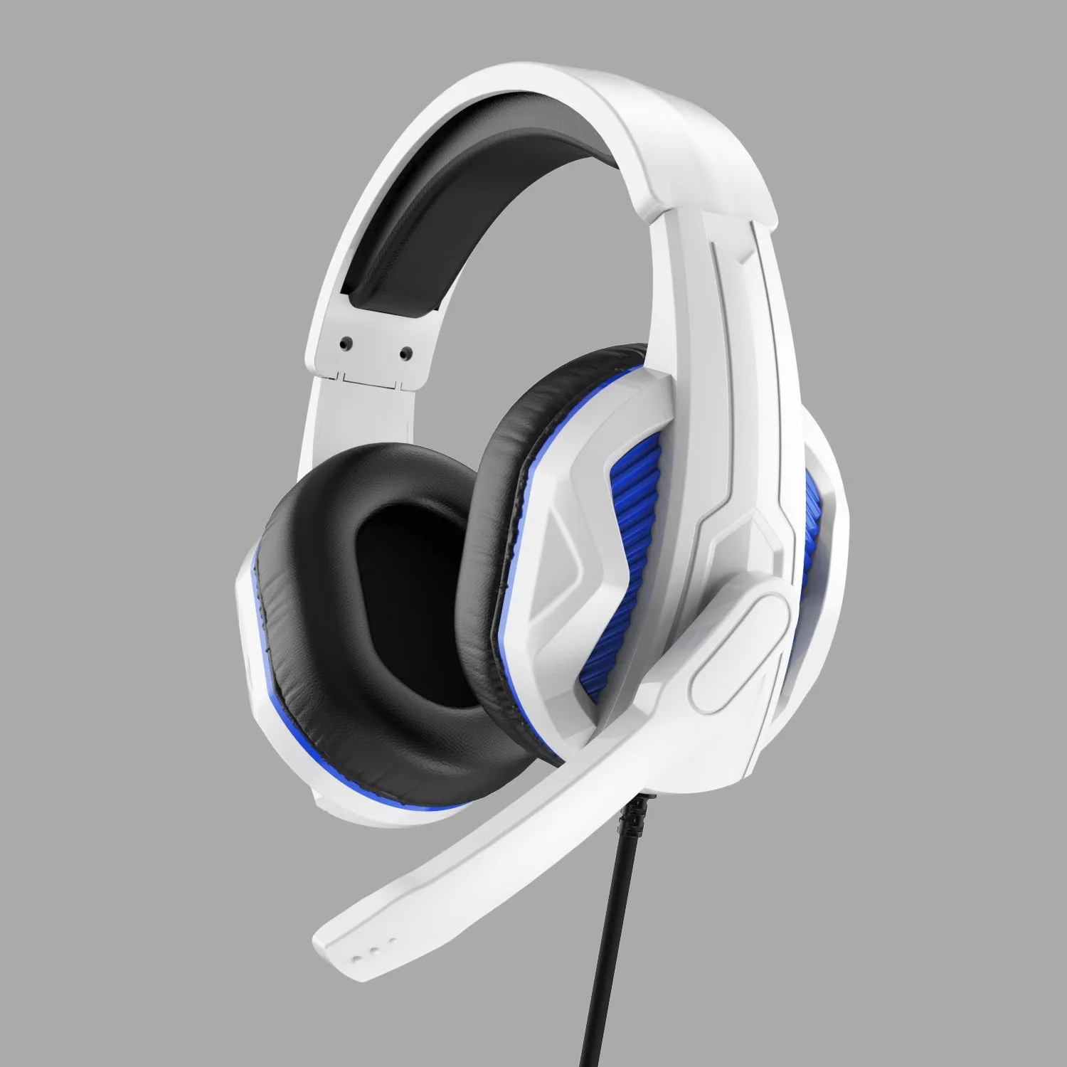 White and blue wired gaming headset with microphone, 40mm driver, 3.5mm plug, and PVC cable