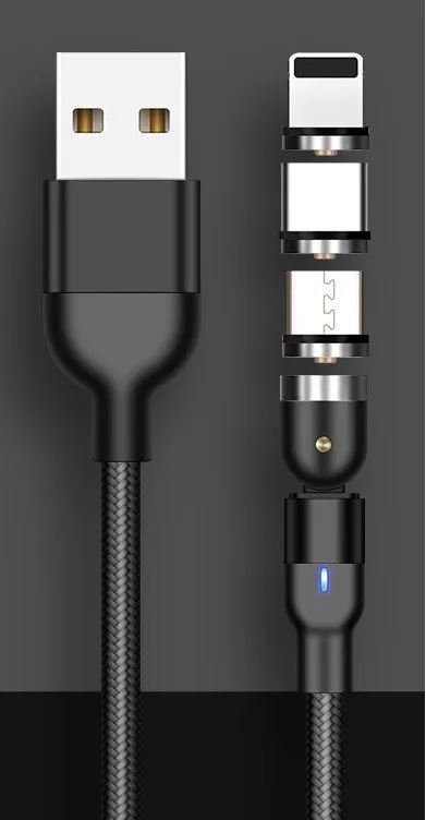 Rotating magnetic cable in black, 1m length, with USB-A to magnetic tip