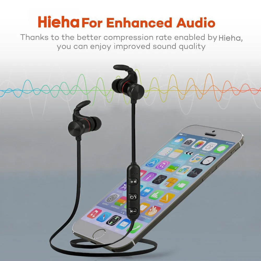 Magnetic Bluetooth CVC noise cancelling earbuds compatible with Apple devices, black plastic in-ear headset