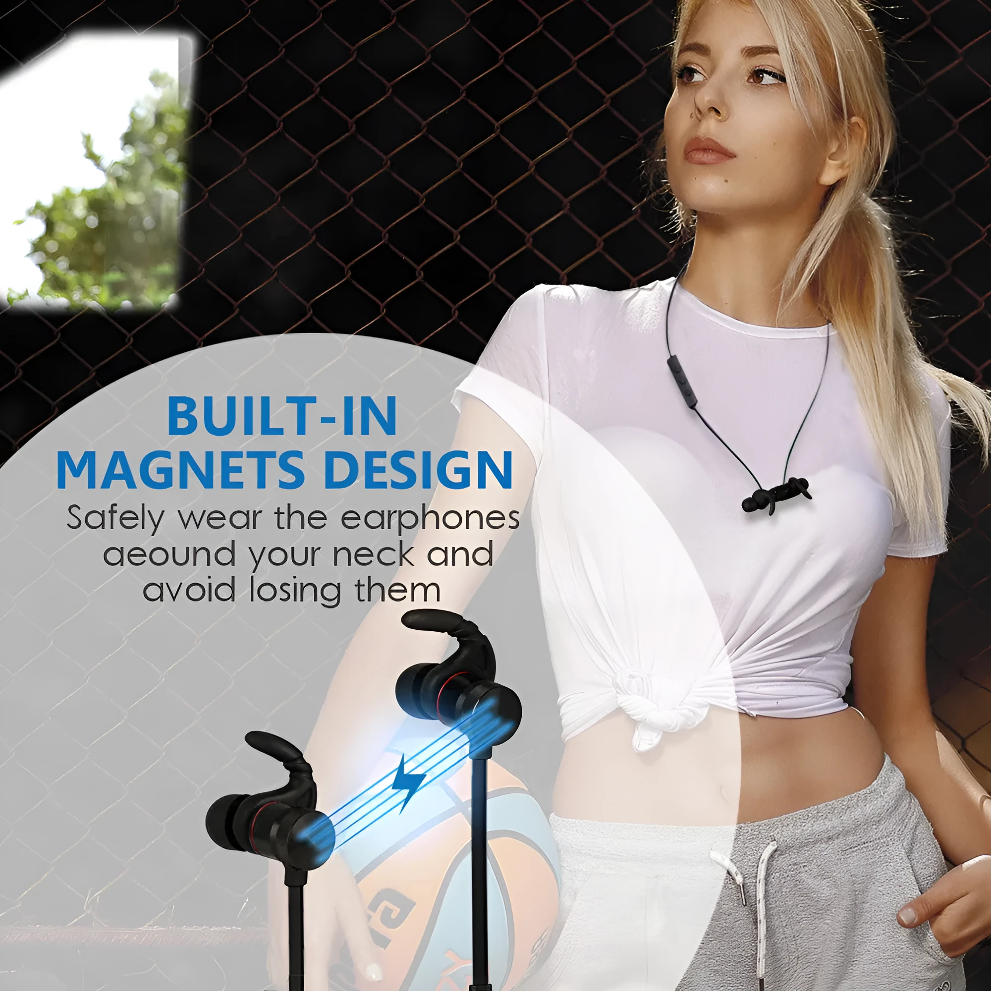 Magnetic Bluetooth CVC noise cancelling earbuds compatible with Apple devices, black plastic in-ear headset