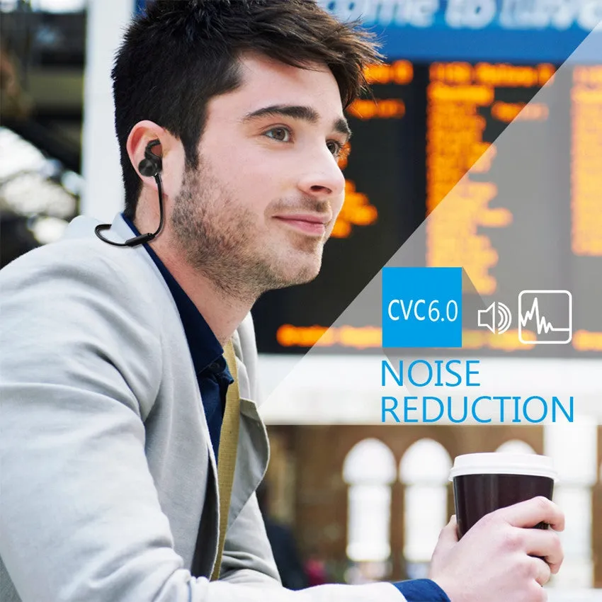 Magnetic Bluetooth CVC noise cancelling earbuds compatible with Apple devices, black plastic in-ear headset