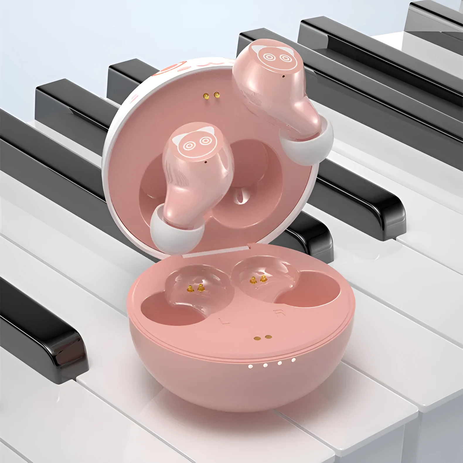 Pink wireless Bluetooth earbuds with earplug style and battery display, flat view on white background