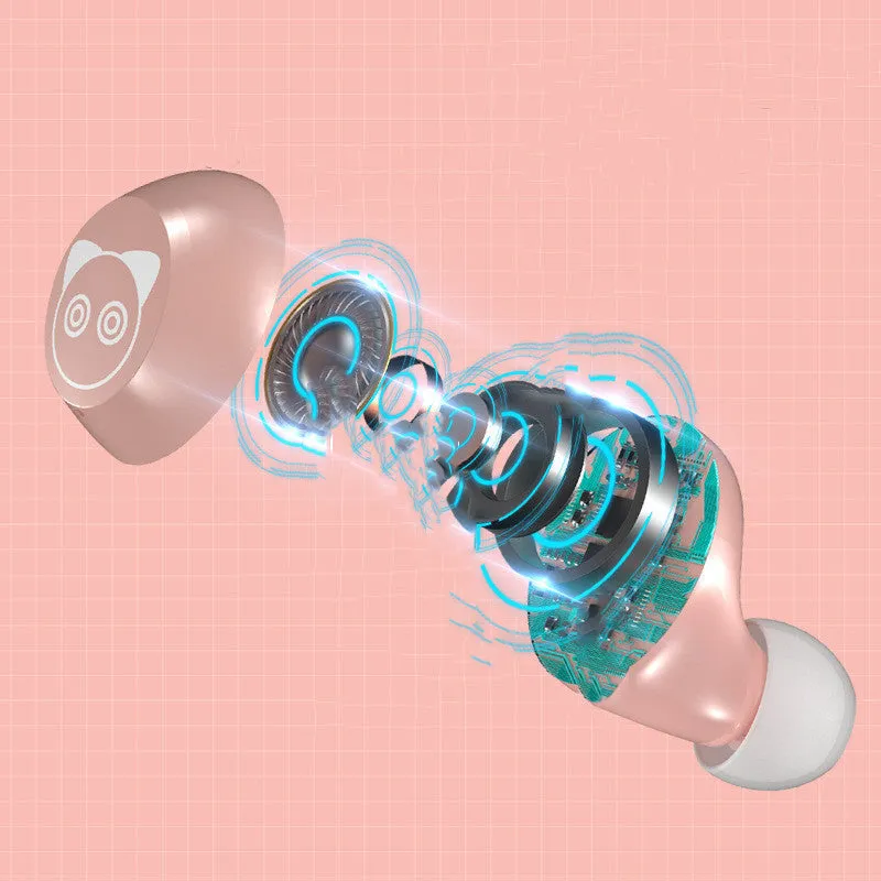 Pink wireless Bluetooth earbuds with earplug style and battery display, flat view on white background