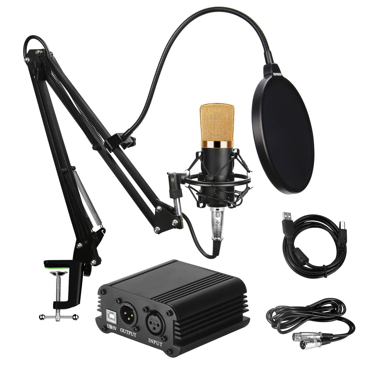 Condenser microphone with metal shock frame and power supply set, 165x47mm