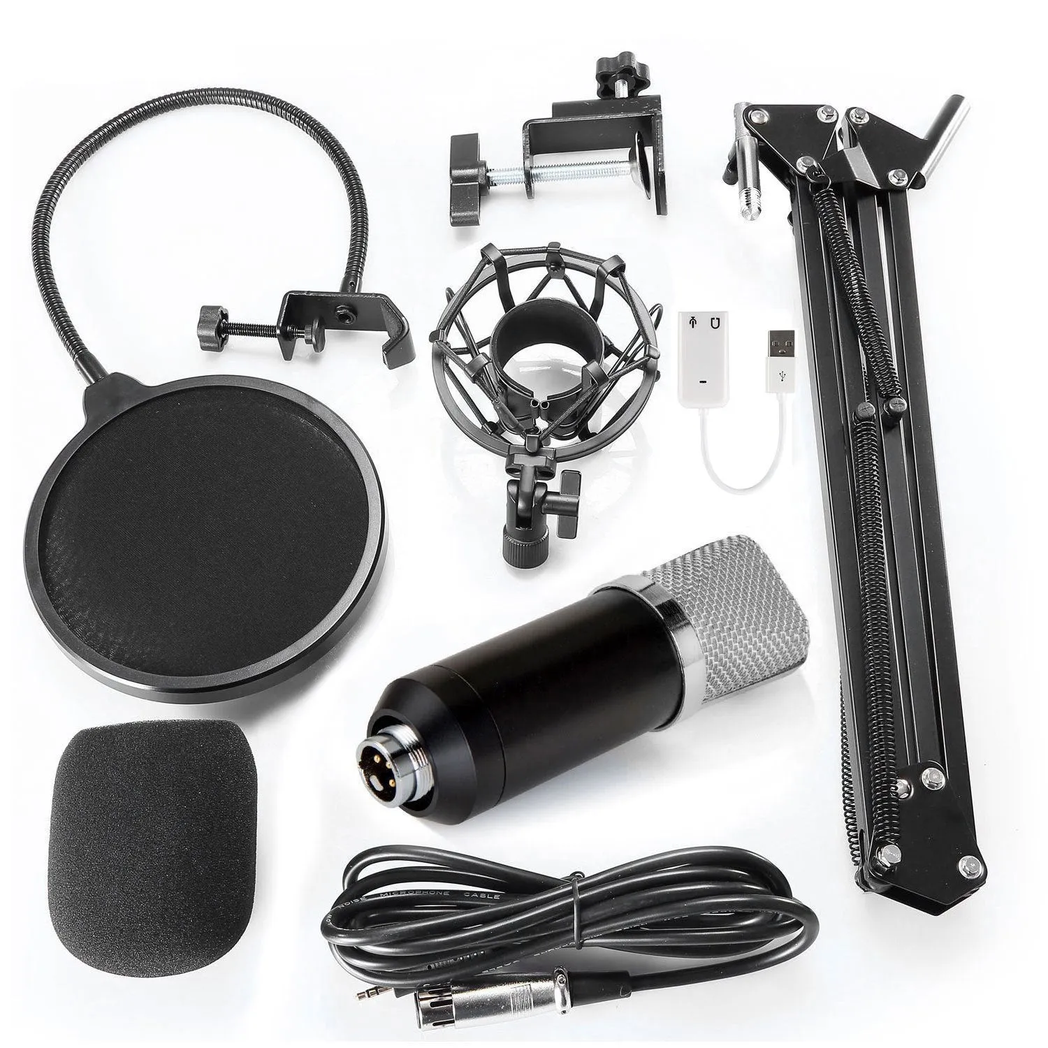 Condenser microphone with metal shock frame and power supply set, 165x47mm