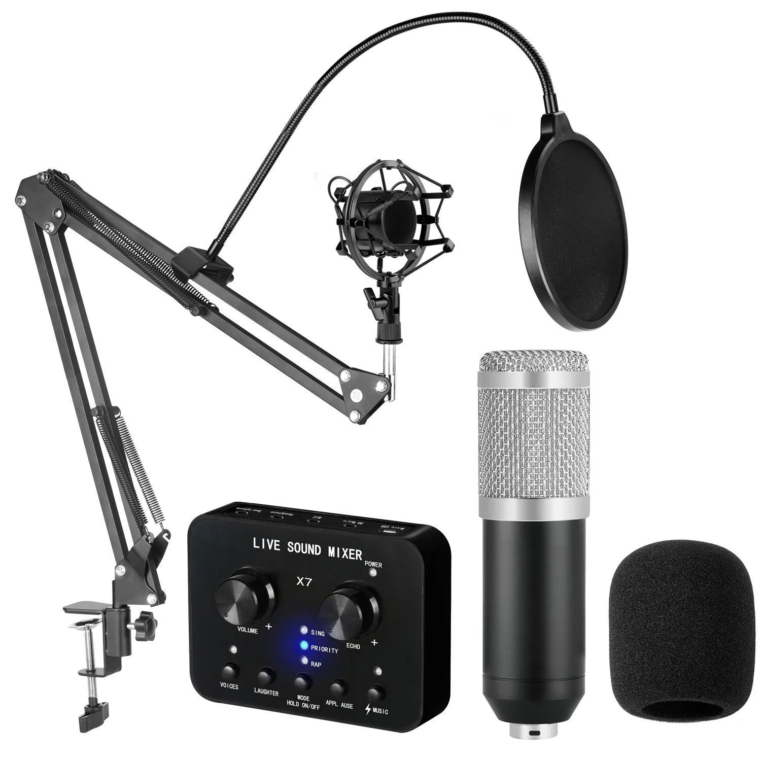 Condenser microphone with metal shock frame and power supply set, 165x47mm