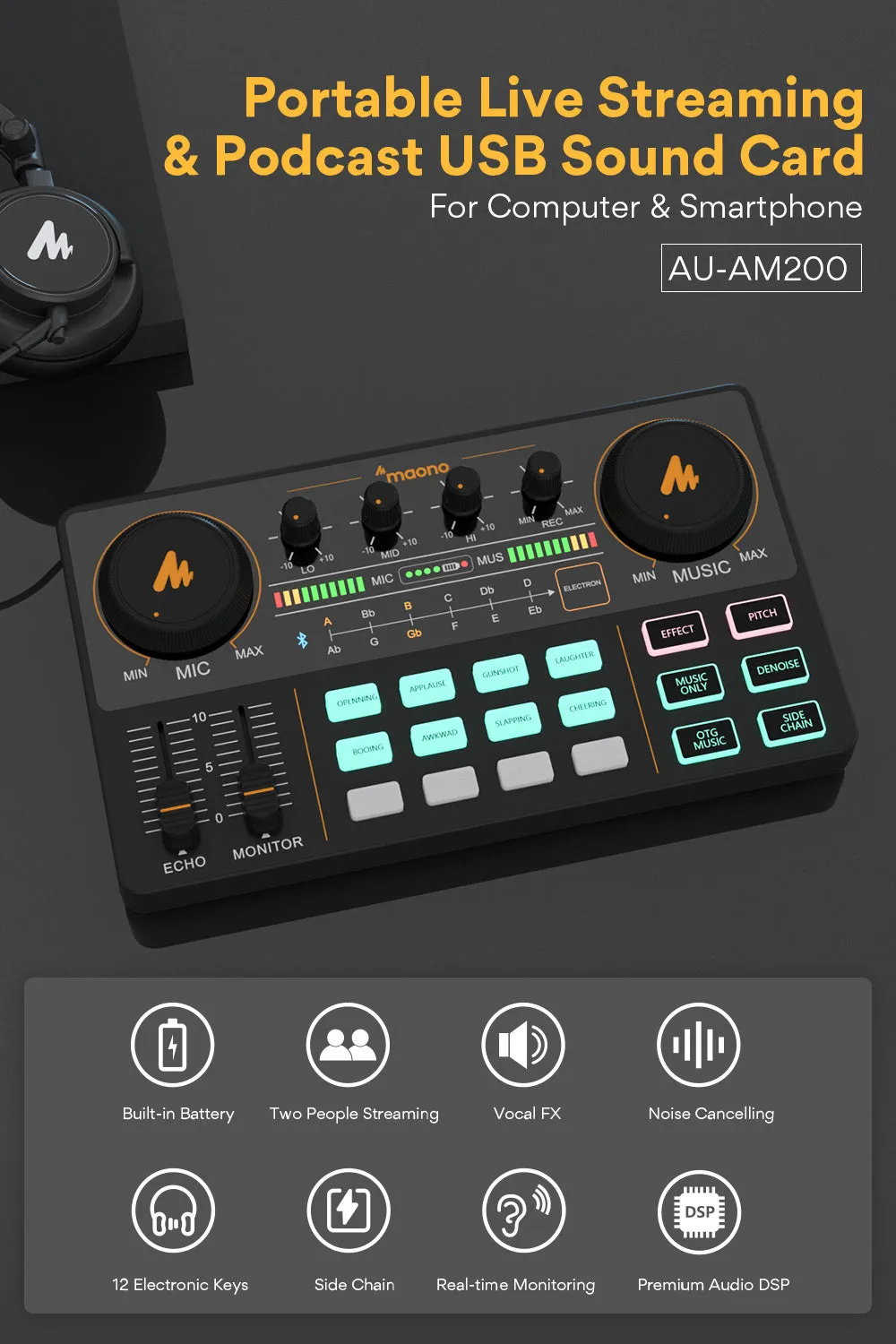 Black metal condenser microphone with XLR and 3.5mm ports for mobile computer live broadcast