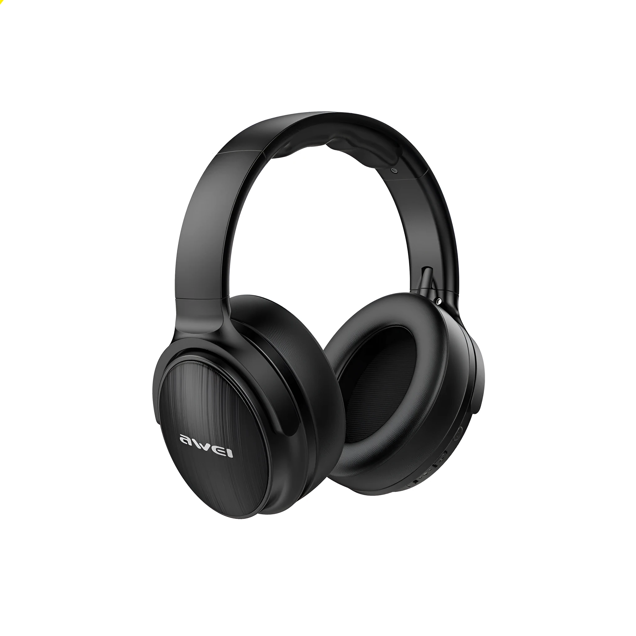 Awei black wireless Bluetooth over-ear headphones folded with audio cable and charging cable visible
