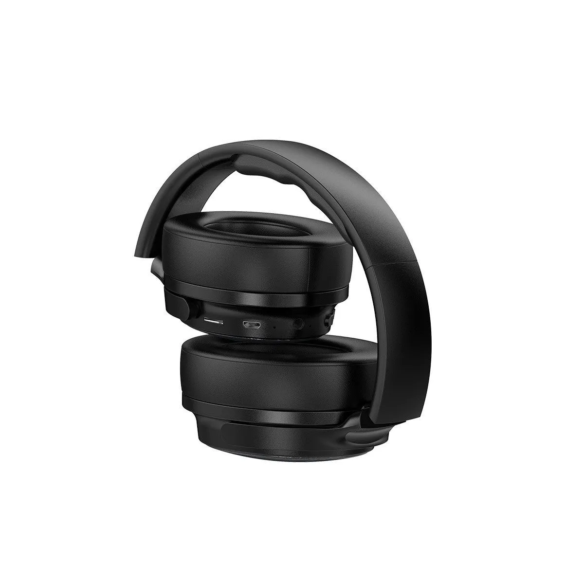 Awei black wireless Bluetooth over-ear headphones folded with audio cable and charging cable visible
