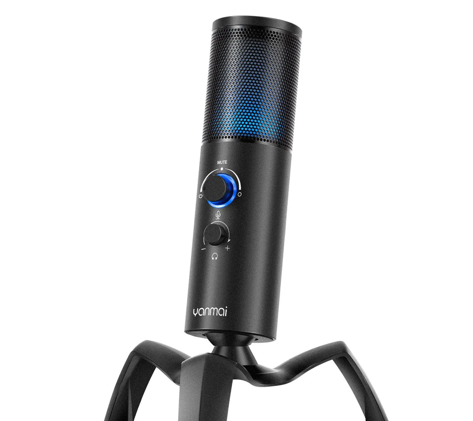 Black Q18 bidirectional USB condenser microphone with RGB lighting on tripod mount