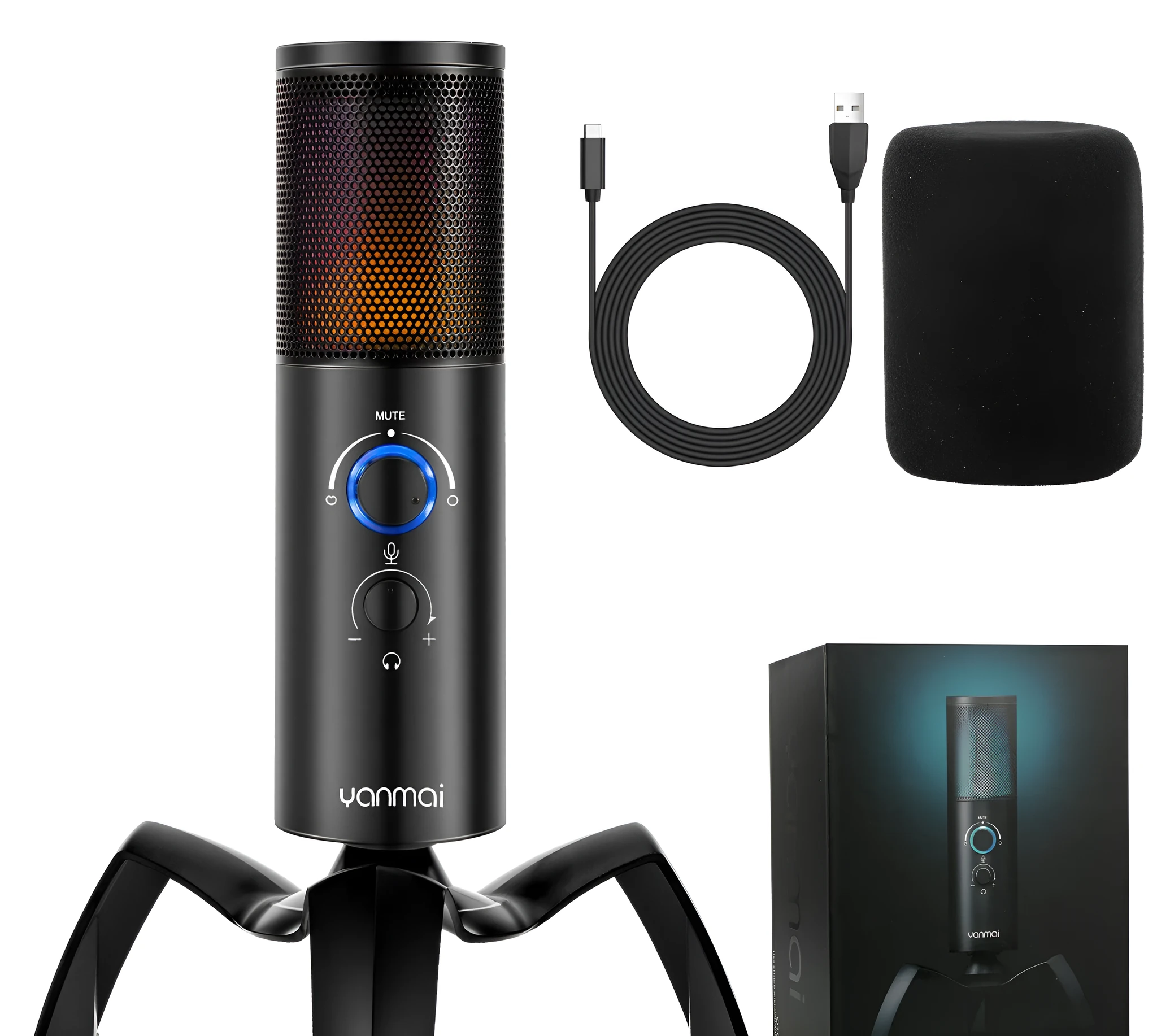 Black Q18 bidirectional USB condenser microphone with RGB lighting on tripod mount