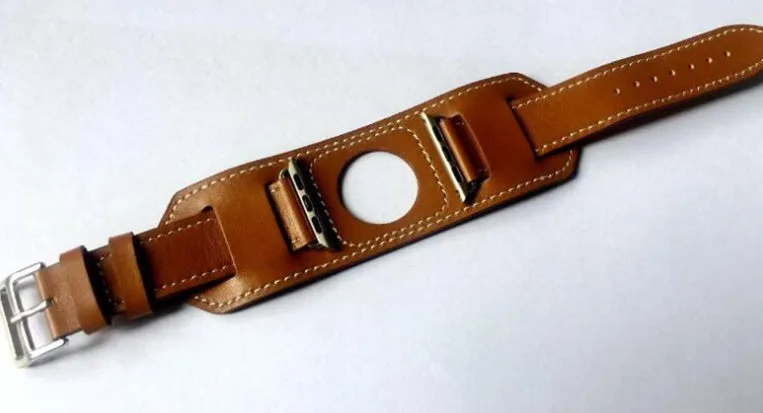 Genuine leather watch band replacement strap in brown, 42mm width, belt-style buckle