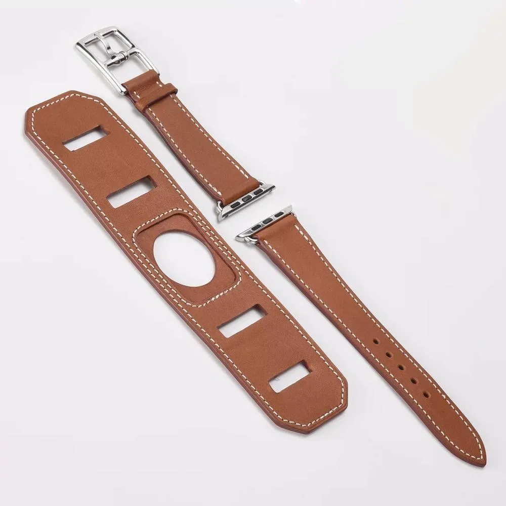 Genuine leather watch band replacement strap in brown, 42mm width, belt-style buckle
