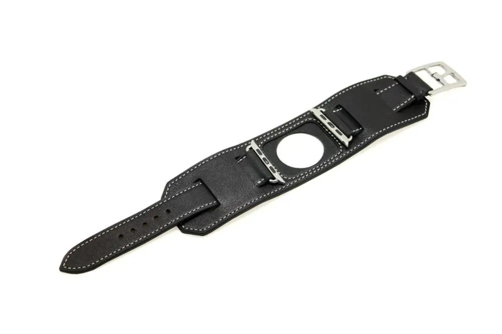 Genuine leather watch band replacement strap in brown, 42mm width, belt-style buckle