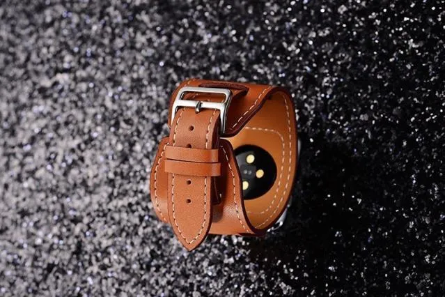 Genuine leather watch band replacement strap in brown, 42mm width, belt-style buckle