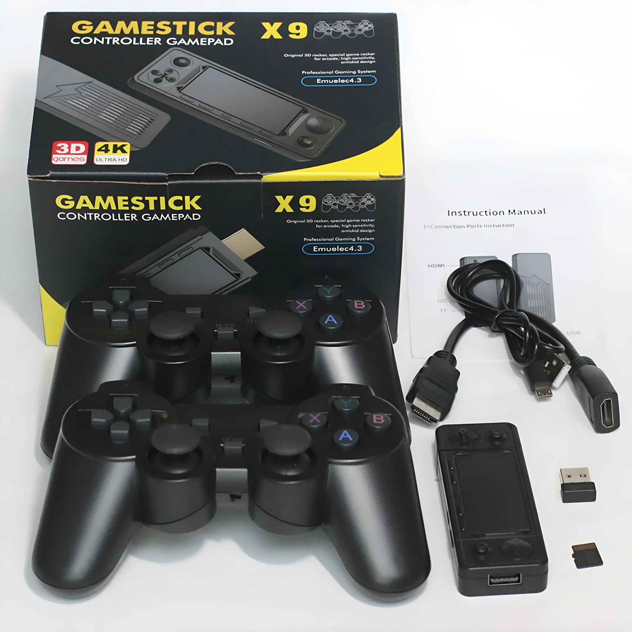 New X9 HD home game console with retro style, two black controllers, and HDMI cable on a desk
