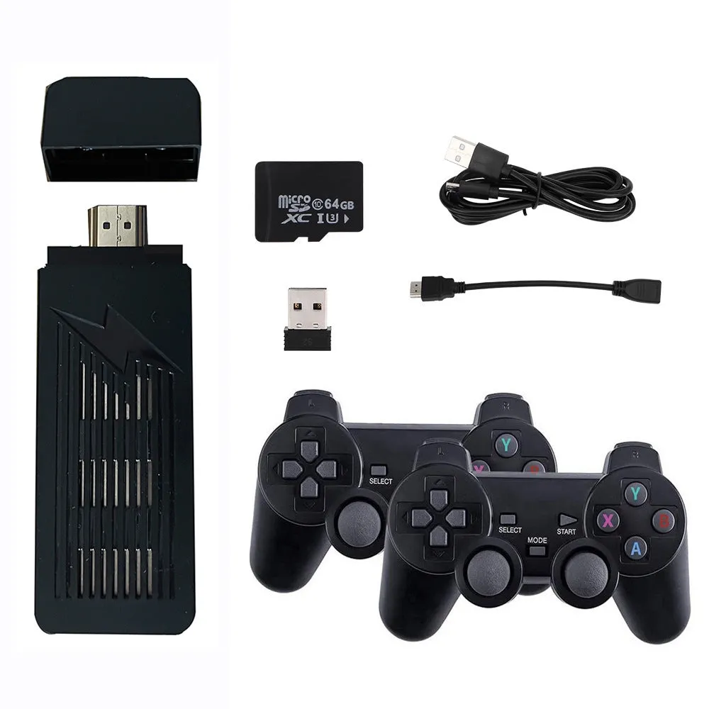 New X9 HD home game console with retro style, two black controllers, and HDMI cable on a desk