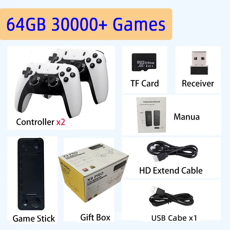 New X9 HD home game console with retro style, two black controllers, and HDMI cable on a desk