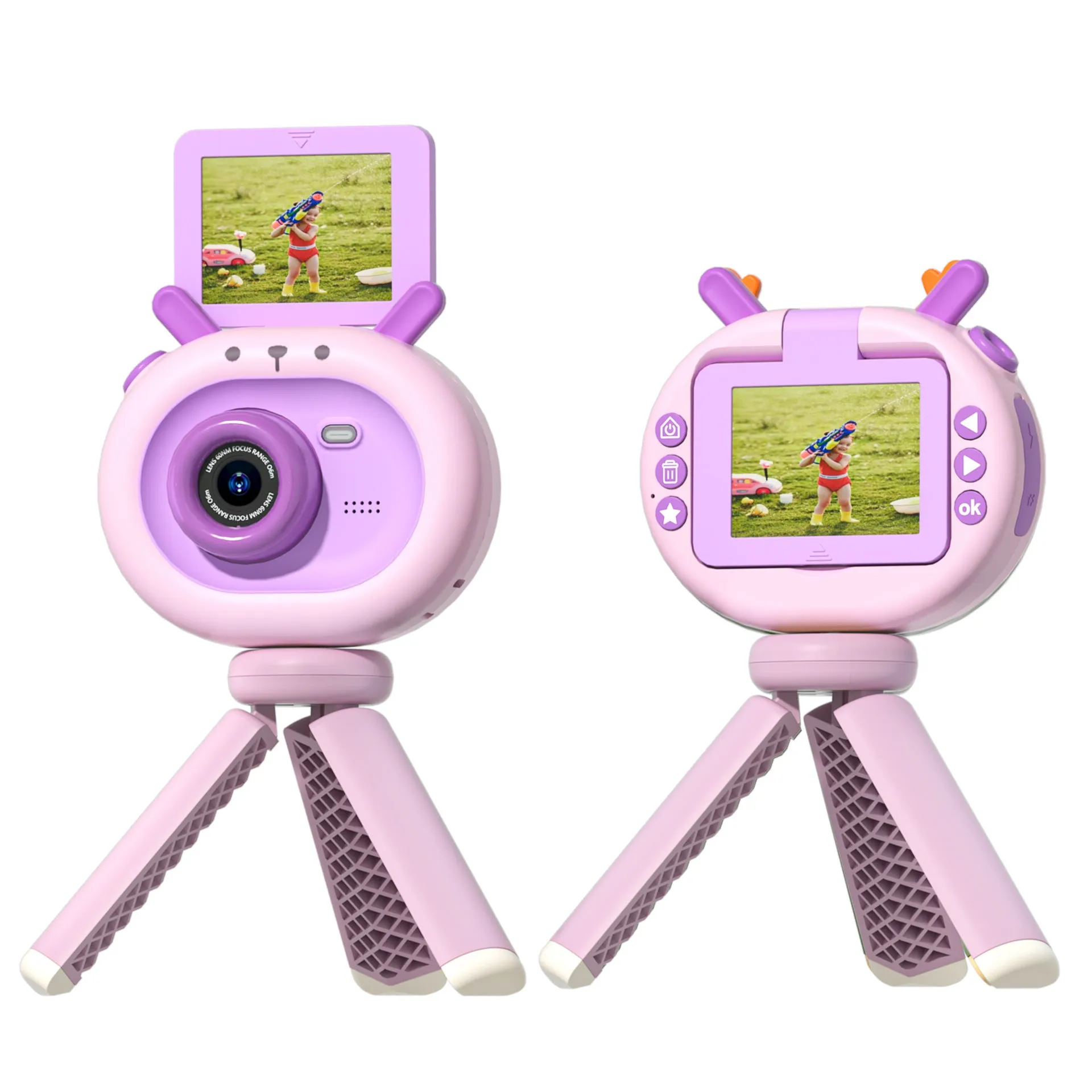 Purple children's digital camera with flip screen and attached silicone case lanyard on a cartoon map.