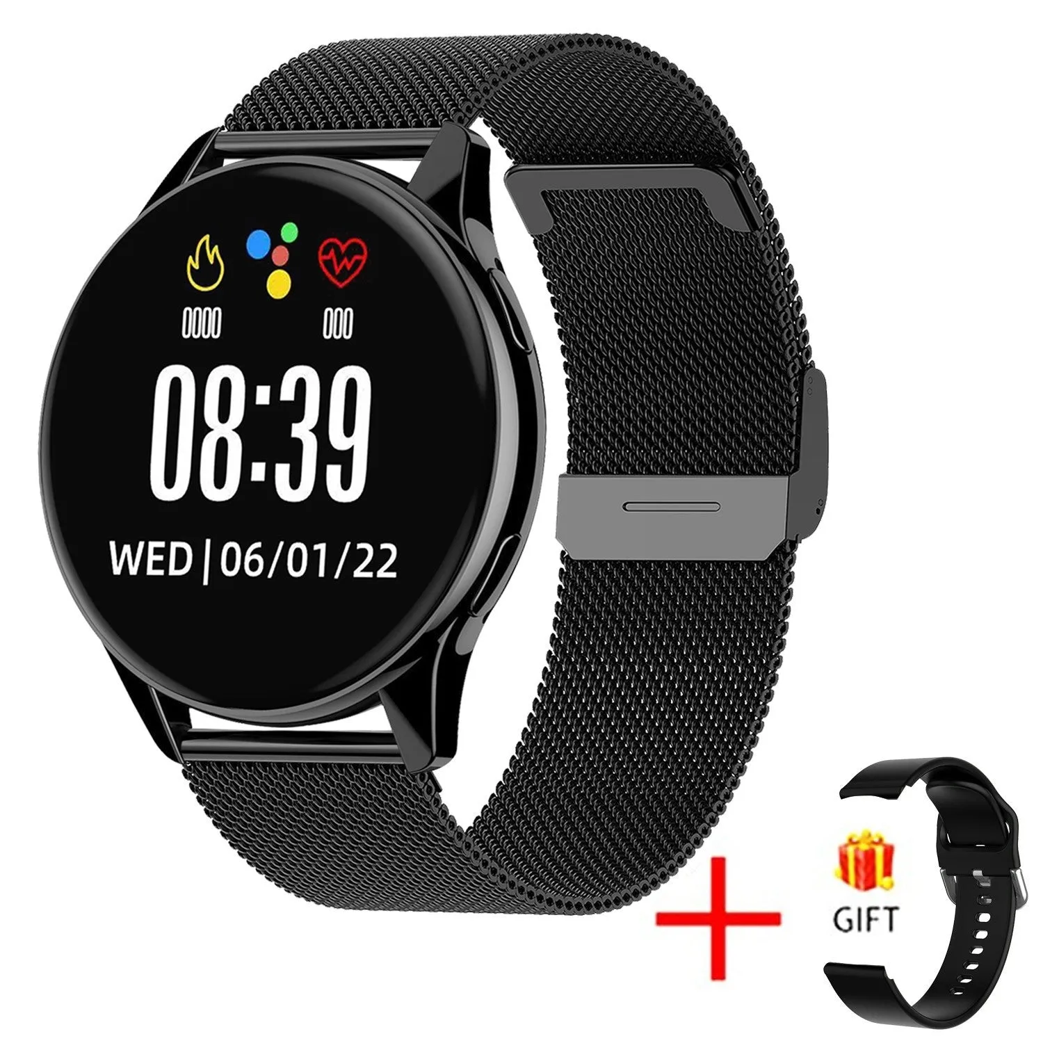 Round TFT touch screen smart watch with Bluetooth calling and heart rate monitoring in black mesh belt