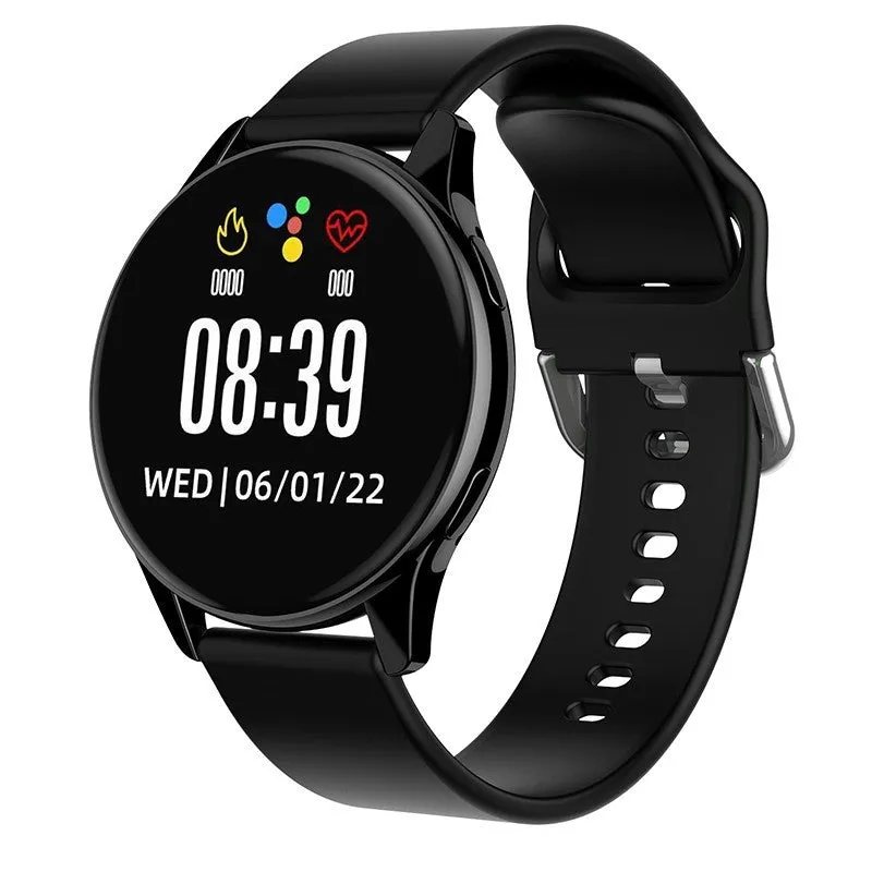 Round TFT touch screen smart watch with Bluetooth calling and heart rate monitoring in black mesh belt