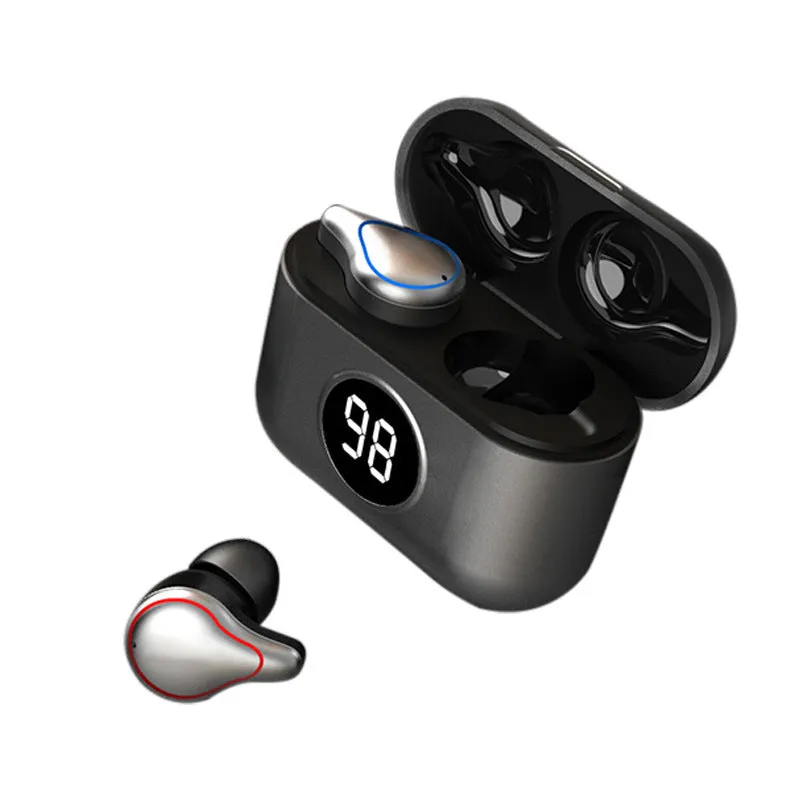 Black and blue in-ear Bluetooth headset with bilateral stereo earbuds