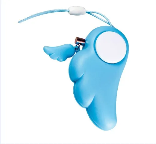 Blue personal security alarm clipped to a handbag strap, compact size 6cm x 3cm