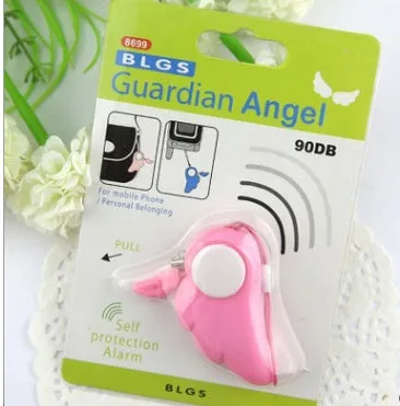 Blue personal security alarm clipped to a handbag strap, compact size 6cm x 3cm