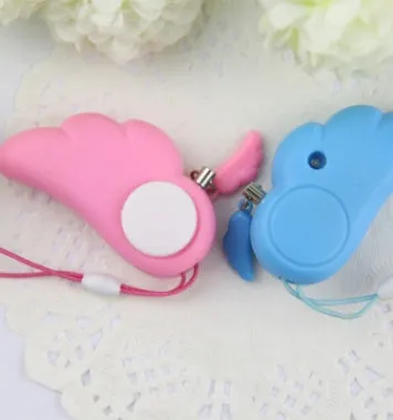 Blue personal security alarm clipped to a handbag strap, compact size 6cm x 3cm