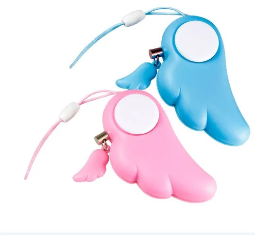 Blue personal security alarm clipped to a handbag strap, compact size 6cm x 3cm