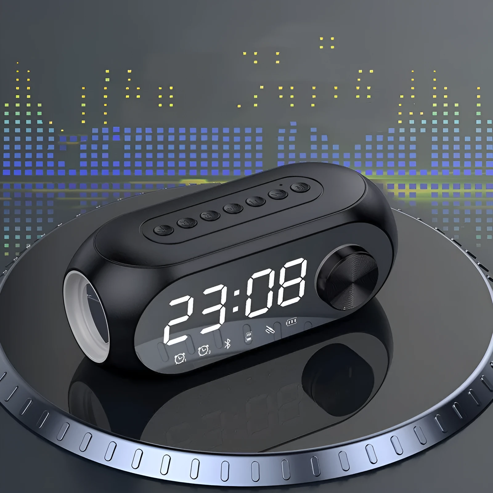 Portable Bluetooth speaker with extra bass in black, white, or blue colours, showing USB charging port