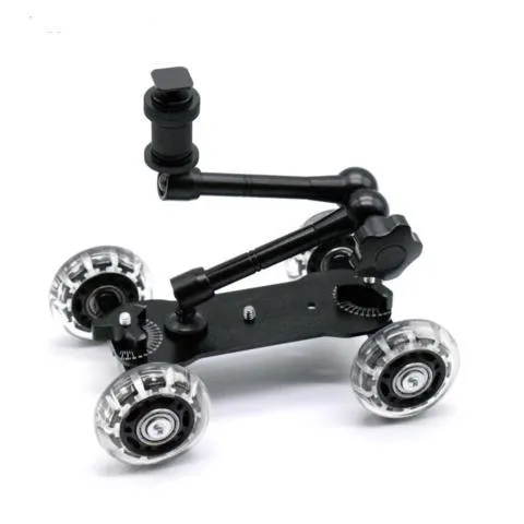 Blue dolly slider camera pulley car with solid aluminium floor, dual bearing rubber wheels, and 11inch arm on a desktop
