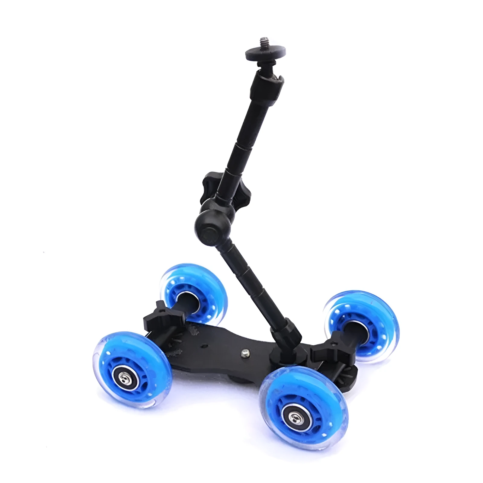 Blue dolly slider camera pulley car with solid aluminium floor, dual bearing rubber wheels, and 11inch arm on a desktop